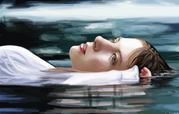 Picture water, girl, face, reflection, hand, art, lies, blue eyes
