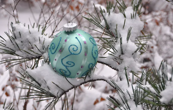 Winter, snow, needles, new year, ball, Christmas, decoration, pine