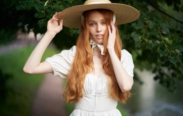 Girl, pose, hat, hands, red, redhead, long hair, Alexander Vinogradov