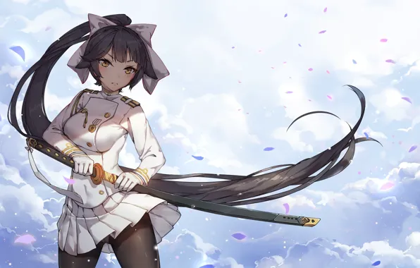 Picture girl, clouds, sword, petals, Azur Lane