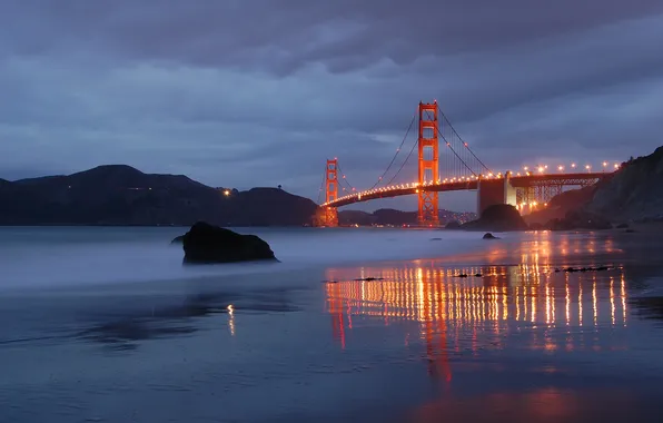 Beach, bridge, the city, lights, the evening, San Francisco