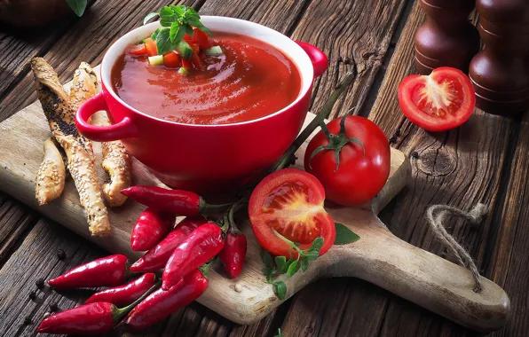 Bread, pepper, tomatoes, gazpacho