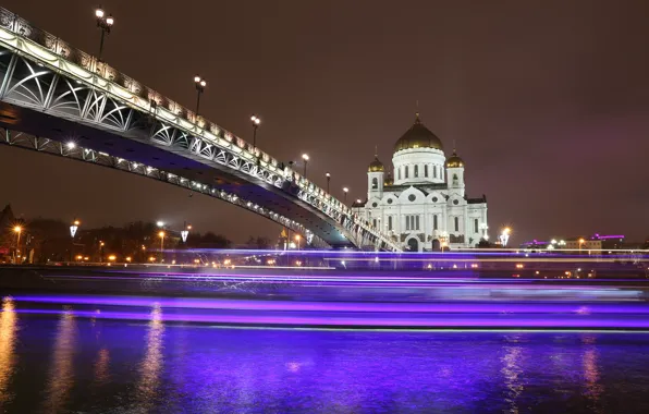 Night, bridge, lights, river, Cathedral, temple