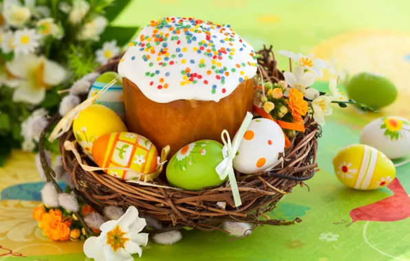 Picture flowers, eggs, Easter, cake