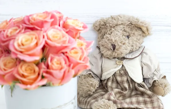 Love, flowers, box, toy, roses, bouquet, bear, love