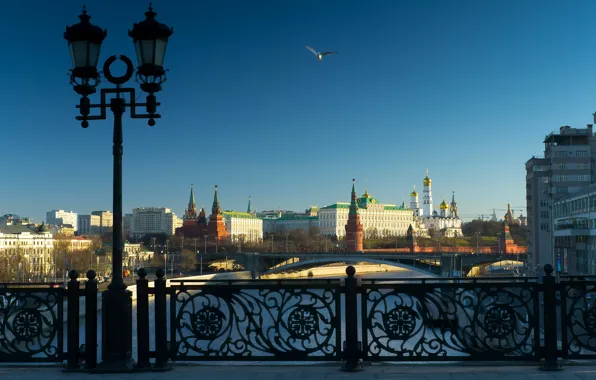 Bridge, river, lantern, Moscow, The Kremlin, Russia, The Moscow river, The Patriarchal bridge