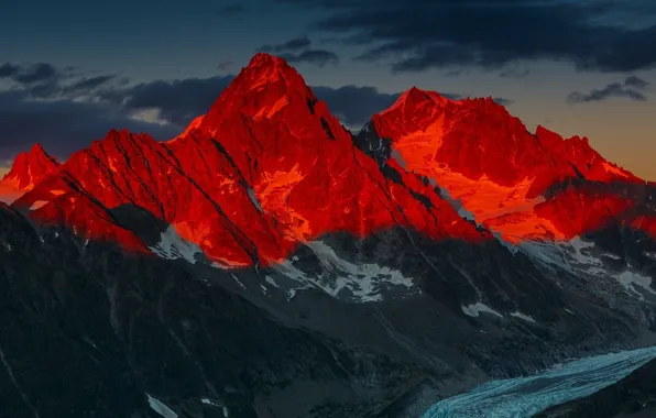 Red, Glow, Sunset, Mountains