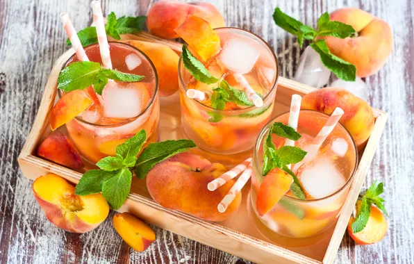 Ice, glasses, drink, peaches, mint, lemonade