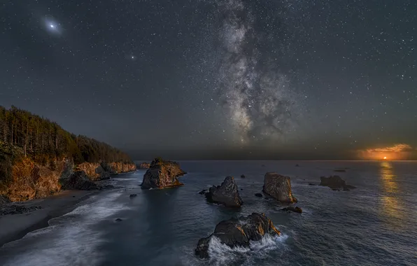 Sea, the sky, stars, night, stones, rocks, shore, view