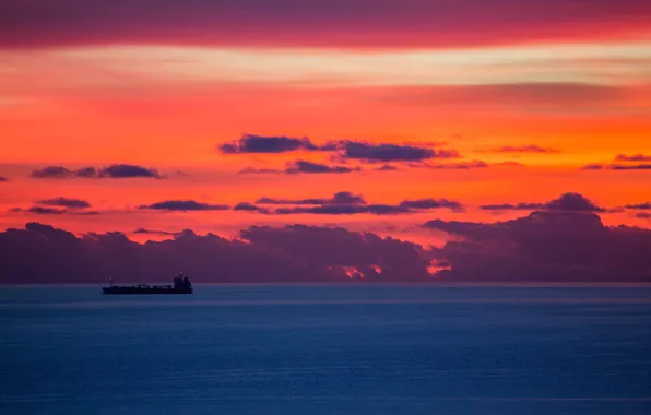 Twilight, sea, ocean, seascape, clouds, dusk, ship, horizon