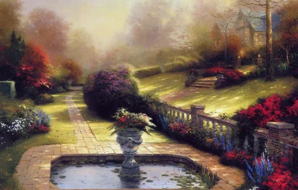 Picture summer, flowers, pond, picture, vase, house, painting, cottage