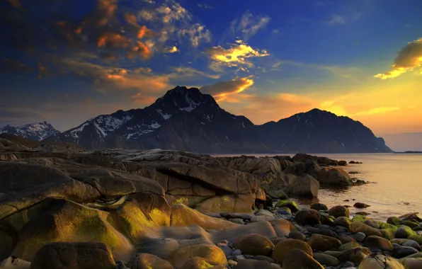 Picture the sky, sunset, nature, rocks, shore