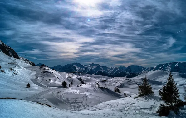 Winter, forest, the sky, the sun, clouds, rays, light, snow