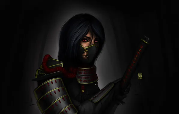 Girl, the dark background, sword, katana, art, samurai, headband, armor
