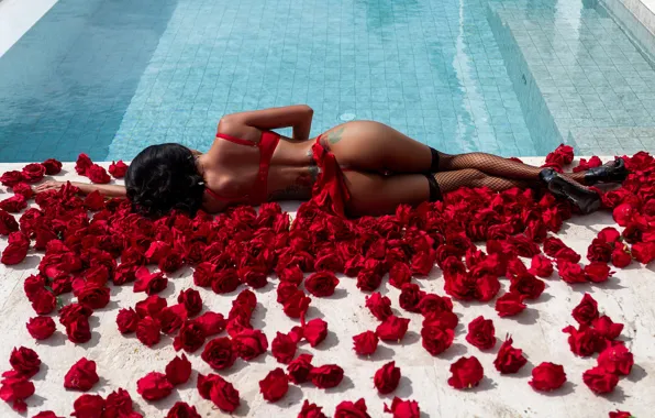 Ass, flowers, sexy, pose, model, body, panties, roses