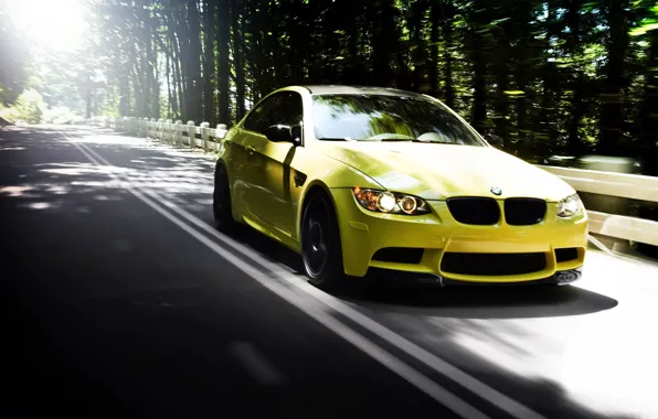 Road, forest, summer, cars, auto, bmw m3, yellow