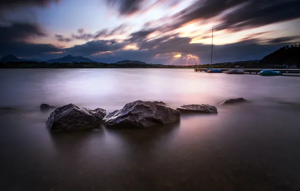 Summer, sunset, mountains, lake, reflection, stones, Bayern