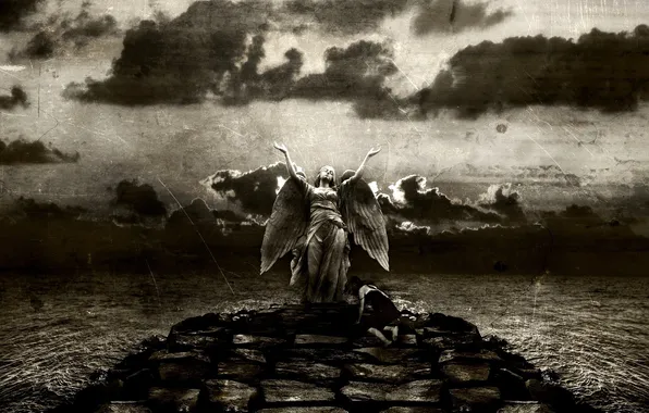 The sky, girl, stones, wings, angel, scratches, black and white, plea