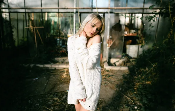 Girl, greenhouse, sweater, let go