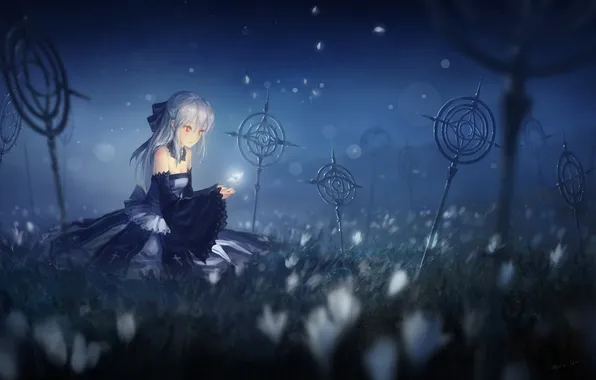 Girl, night, glade, petals, art, sitting, pixiv fantasia, hjl