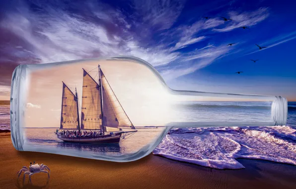 Sand, sea, wave, beach, the sky, glass, clouds, birds
