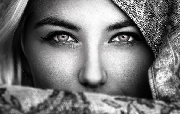Picture eyes, look, girl, scarf, shawl, black and white photo
