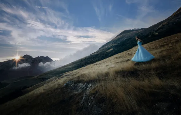 The sky, girl, landscape, nature, romance, dal, dress, long hair