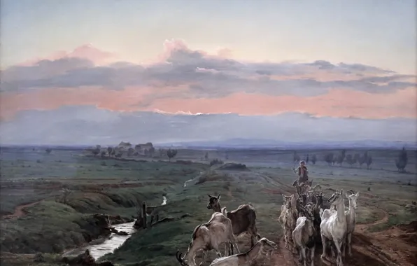 Munich, morning landscape and herd of goats, picture gallery, Ferdinand Georg Waldmuller, Neue Pinakothek, Ferdinand …