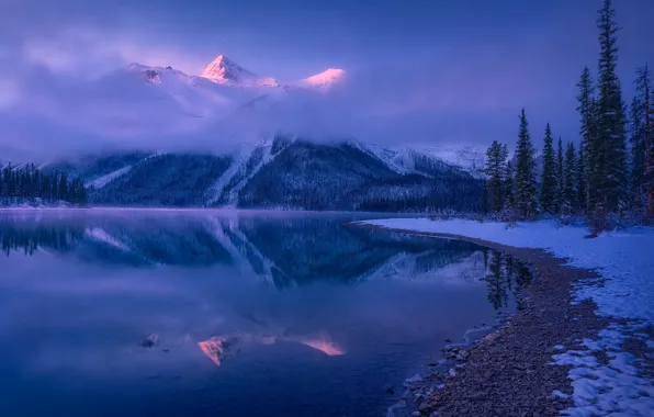 Winter, trees, mountains, lake, reflection, Canada, Ontario, Canada