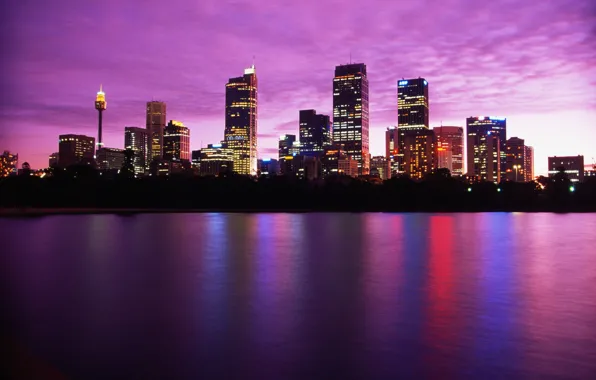 Sunset, night, the city