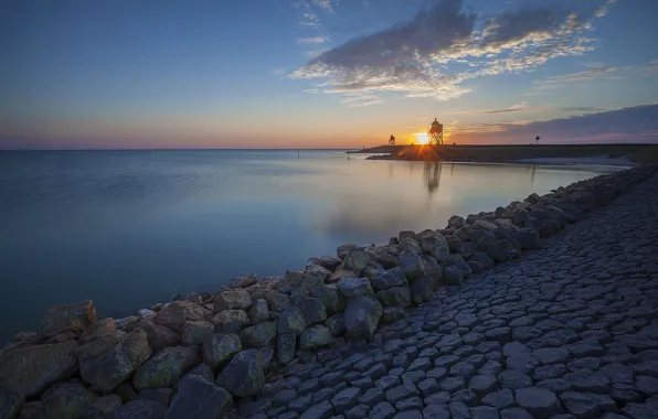 Sunset, lake, stones, shore, lighthouse, Netherlands, Netherlands, the IJsselmeer