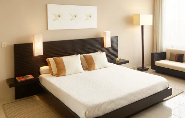 Picture light, lamp, wall, bed, chair, pillow, window, floor, book, curtains, bedroom, Interior, the room