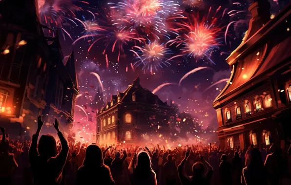 Home, Night, Salute, People, Christmas, New year, Digital art, AI art