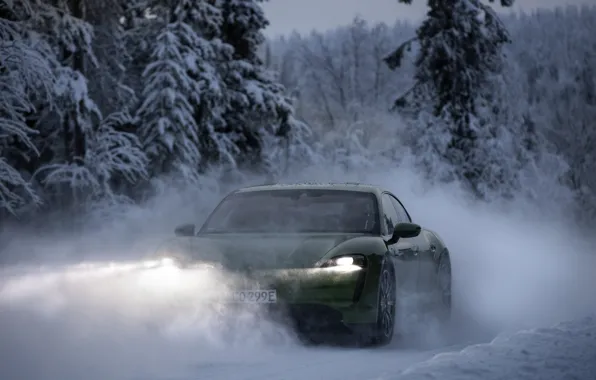 Picture light, snow, movement, Porsche, green, 2020, Taycan, Taycan 4S