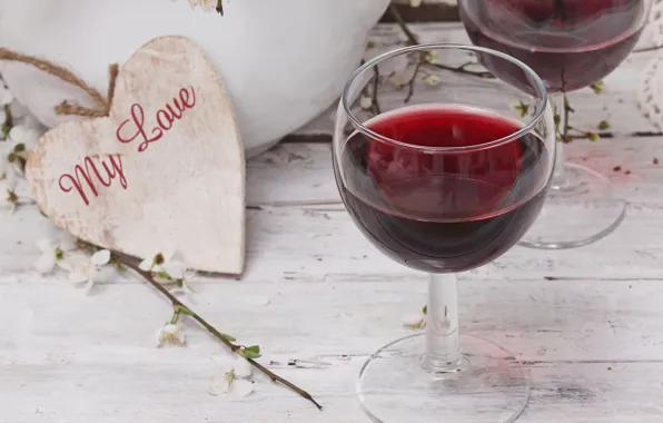 Table, wine, red, glasses, heart