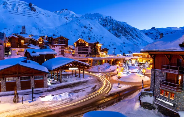 Winter, road, snow, landscape, mountains, lights, street, France
