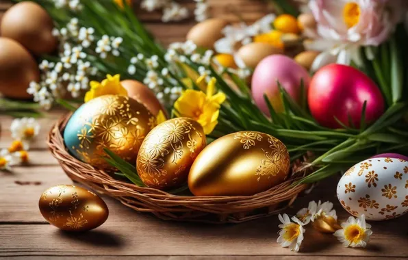 Flowers, eggs, spring, colorful, Easter, happy, flowers, spring