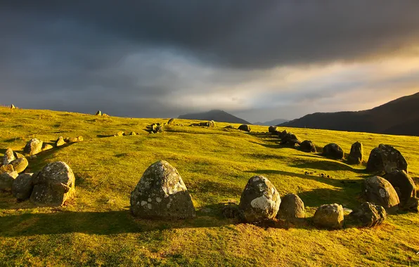 The sky, mountains, clouds, stones, megaliths