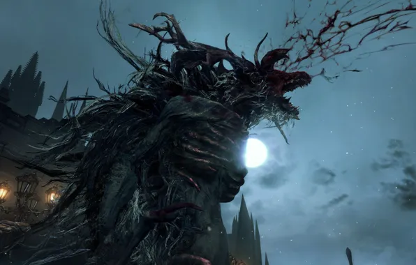 Night, the moon, blood, monster, Bloodborne