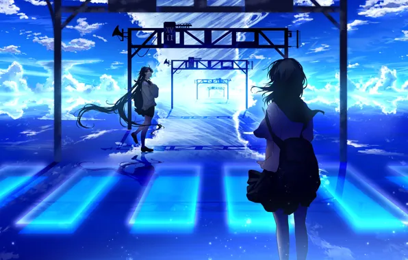 The sky, reflection, girls, gate, Zebra, by 17