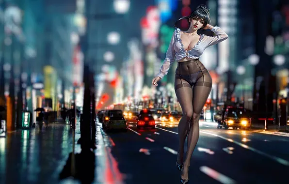 Auto, street, tights, night city, girl art