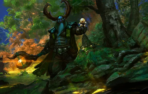 Picture forest, jungle, art, horns, staff, Dota 2, Tiny, ward