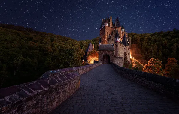 Road, forest, the sky, landscape, night, bridge, stars, Germany
