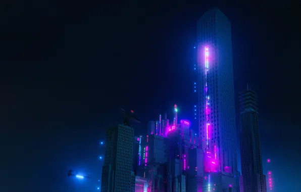 The city, Neon, Style, Building, City, Fantasy, Architecture, Skyscraper