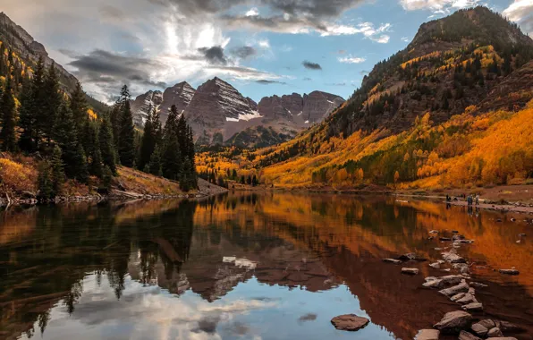 Autumn, forest, the sky, clouds, snow, mountains, lake, reflection