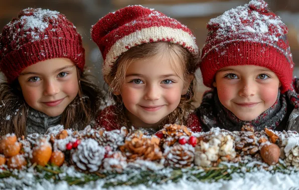 Winter, frost, snow, joy, branches, children, girls, portrait