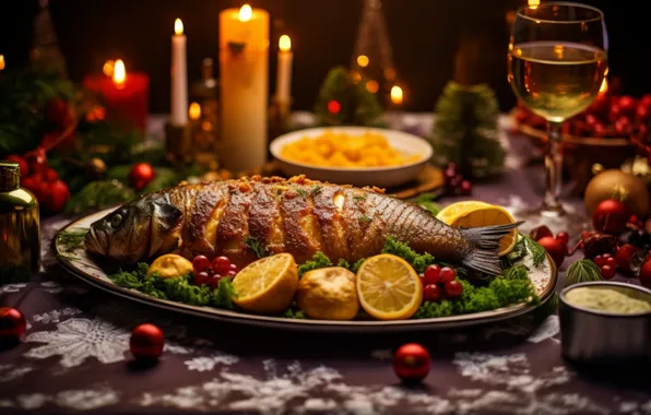 Fish, candles, Christmas, New year, feast, dish, fried fish, AI art