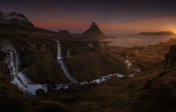 Sea, rocks, mountain, the evening, waterfalls, Iceland