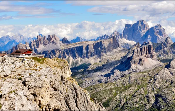 The sky, clouds, mountains, house, rocks, Italy, the hotel, The Dolomites
