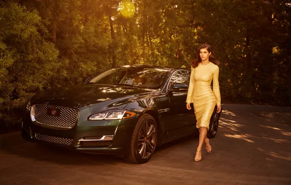 Picture car, Jaguar, girl, sexy, luxury, Alexandra Daddario, Alexandra Daddario, collaboration